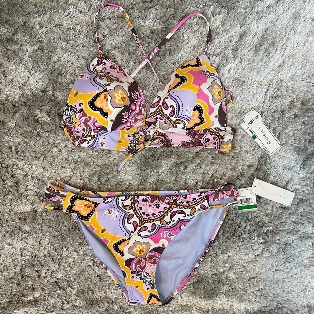 Hula Honey Bikini Lightly Padded Halter Tie-back + Matching Bottoms Size L NWT - Picture 7 of 16